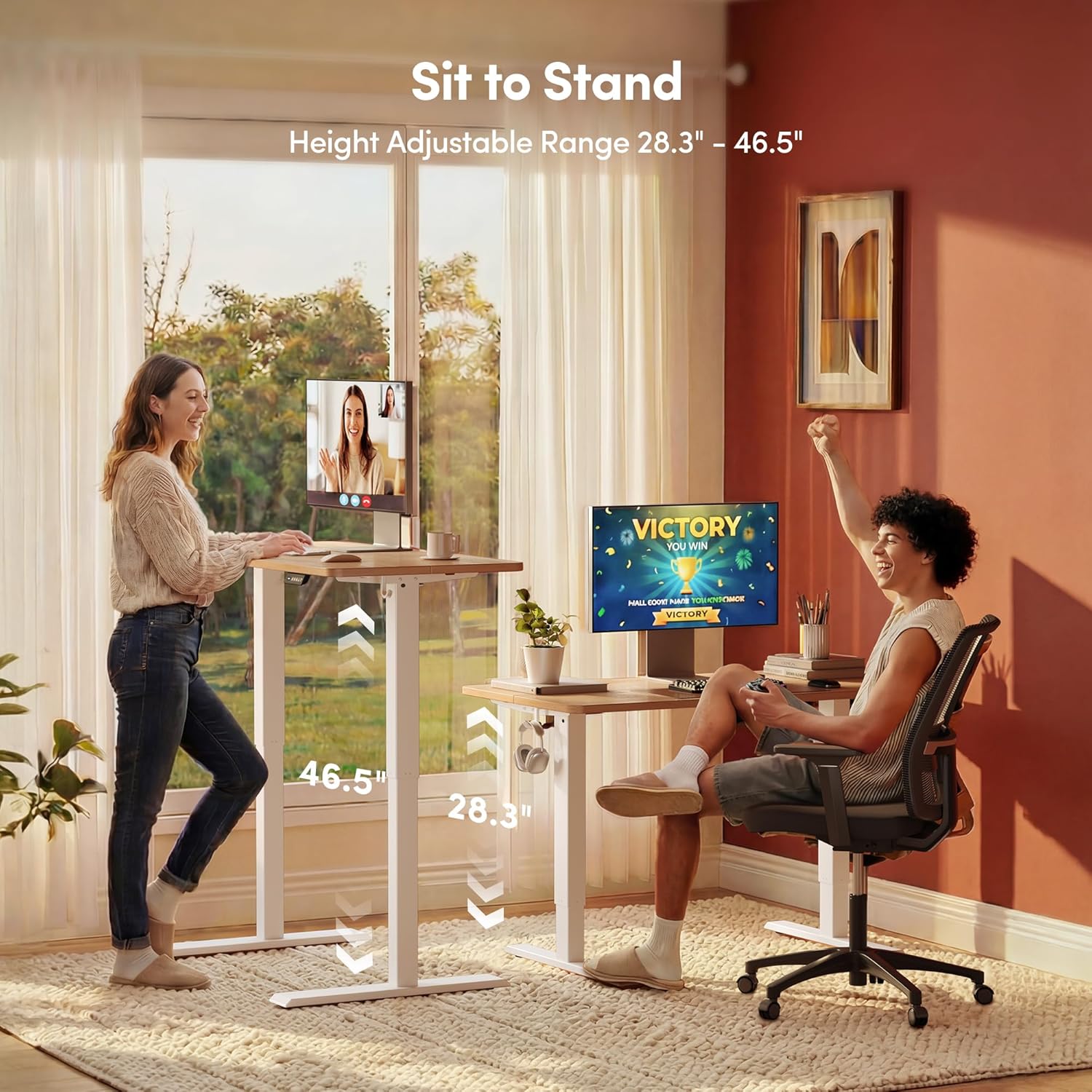 FEZIBO Standing Desk, 48 × 24 Inches Electric Height Adjustable, Sit and Stand Up, Computer Office Desk with Splice Board, White Frame/Maple TOP