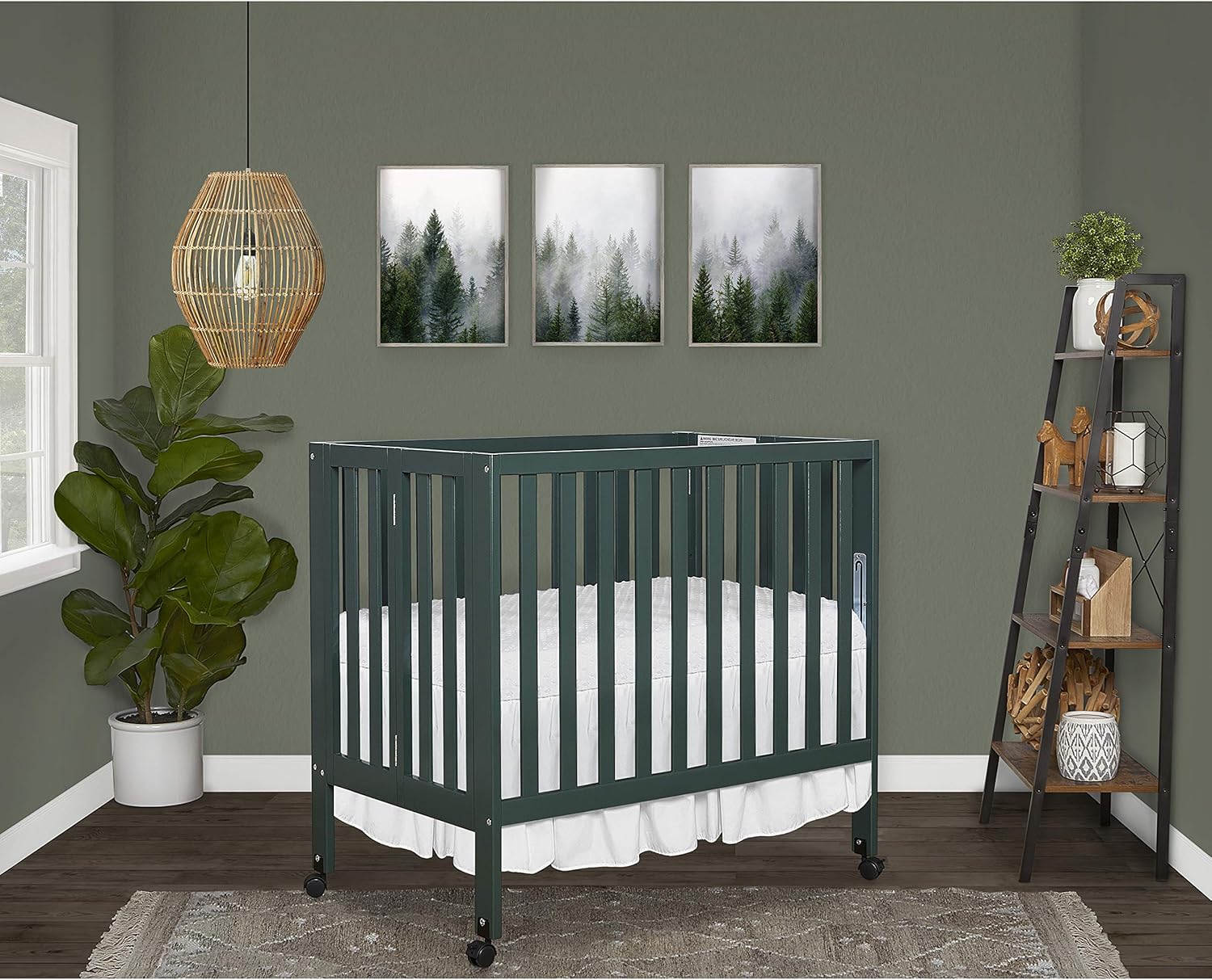 Dream On Me Jett Mini Folding Baby Crib in Olive, GreenGuard Gold & BSA, Lightweight & Portable, Patented Flat Folding System for Small Spaces & Travel, 1.5” Mattress Pad, 3 Heights, Safe Wheels