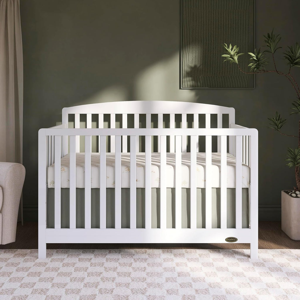 Dream On Me Odelle 5-in-1 Convertible Full-Size Baby Crib in White, GreenGuard Gold & JPMA Converts to Toddler, Day & Full-Size Bed, Sustainable Pinewood, 3 Mattress Heights