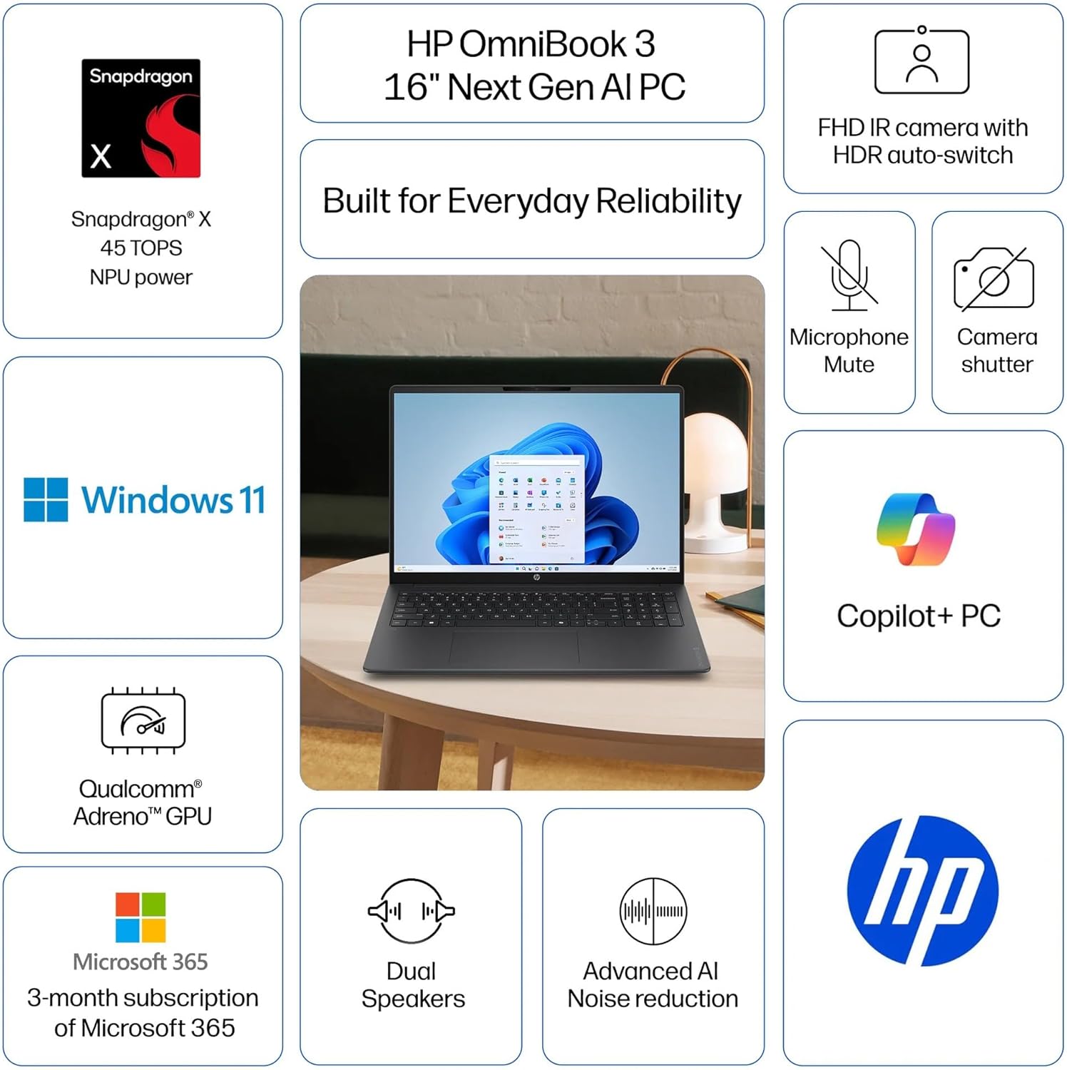 HP OmniBook 3 16" Next Gen AI PC FHD IPS Laptop, 8-Core Snapdragon X X1-26-100 Processor, 8GB DDR5 512GB SSD, Radeon 740M Graphics Copilot AI Win 11 Computer for Creator Business Gaming w/GM Accessory