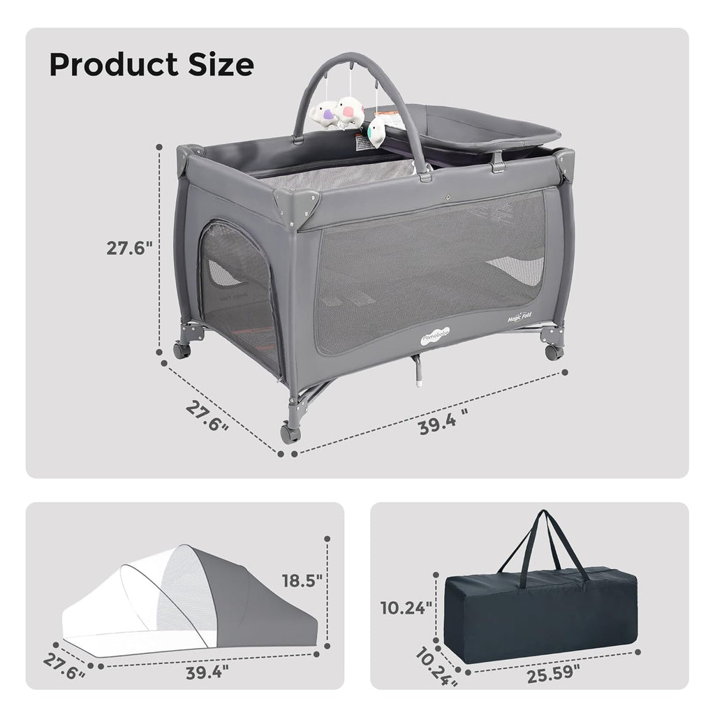 Pamo Babe 7 in 1 Pack and Play with Bassinet, Portable Crib with Mattress, Diaper Changer, Magic Fold™ One-Step Quick Setup Playard, Mosquito Net, Zipper Door, Toy Arch for Newborn to Toddler
