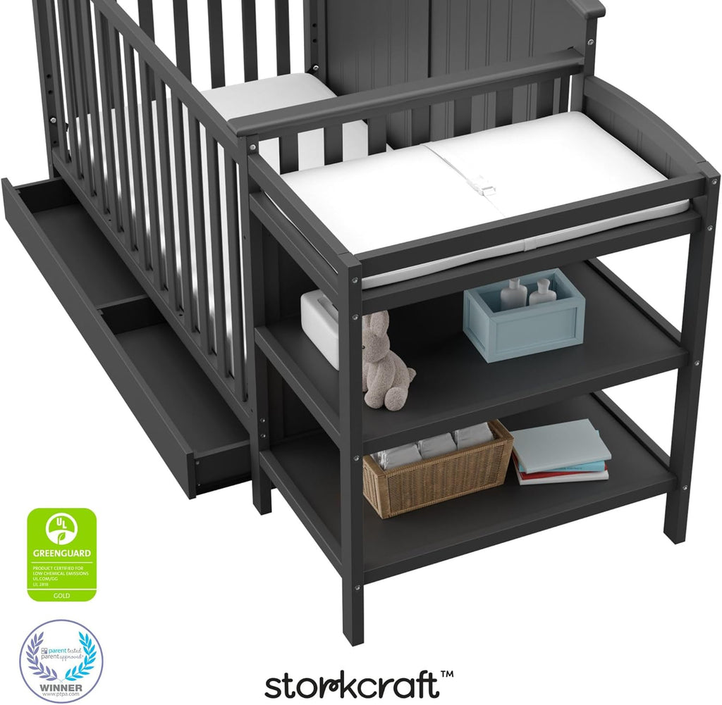 Storkcraft Steveston 5-in-1 Convertible Crib & Changer – GREENGUARD Gold Certified, Fits Standard Crib Mattress, Converts to Toddler Bed and Full Bed, 4 Adjustable Mattress Heights (Gray)