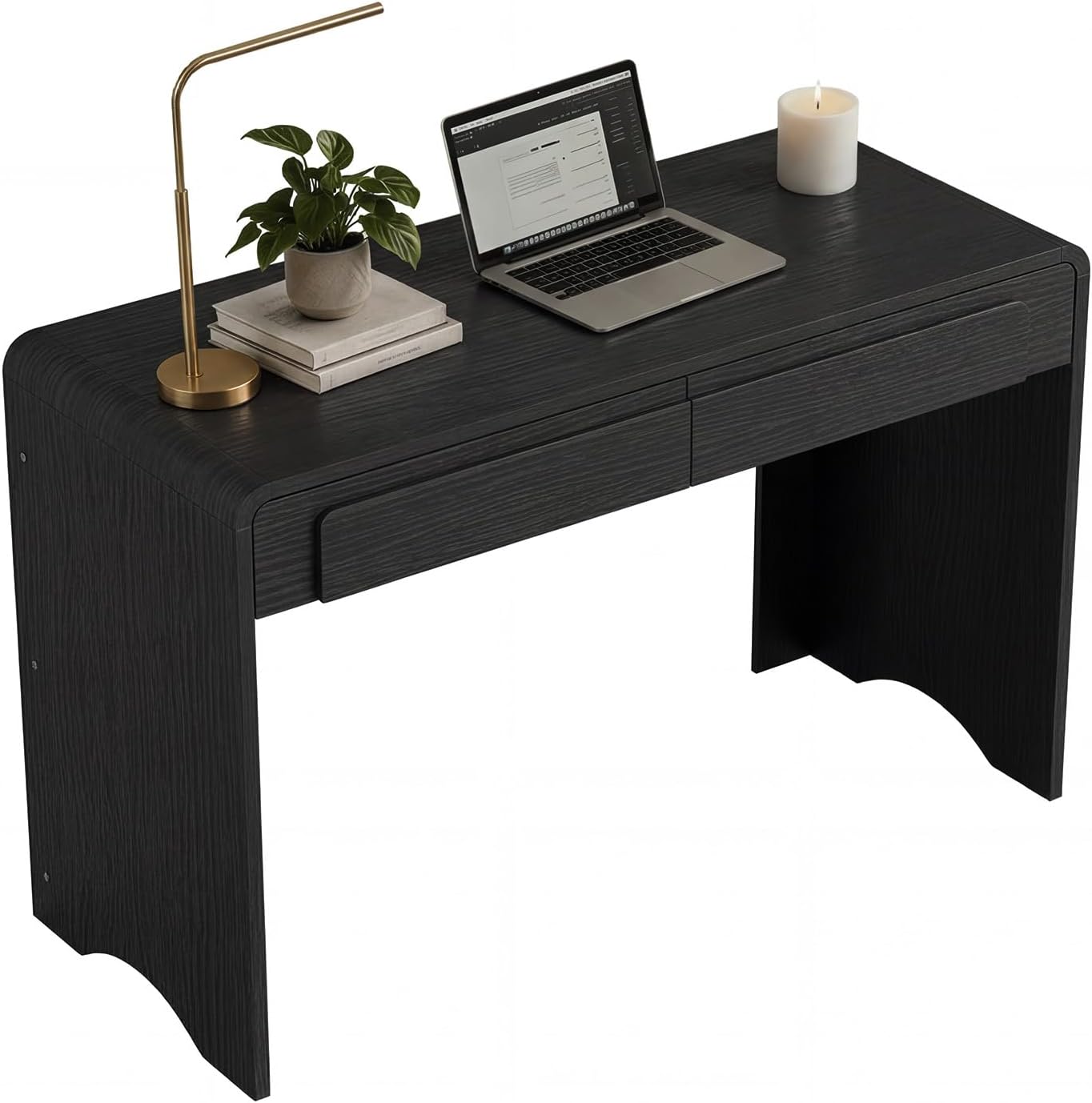 Bestier Computer Desk with 2 Drawers, 47 Inch Wood Home Office Desk, Small Writing Table with Curved Handles & Waterfall Rounded Edges, Cute Modern Desks for Bedroom Study Living Room, Black