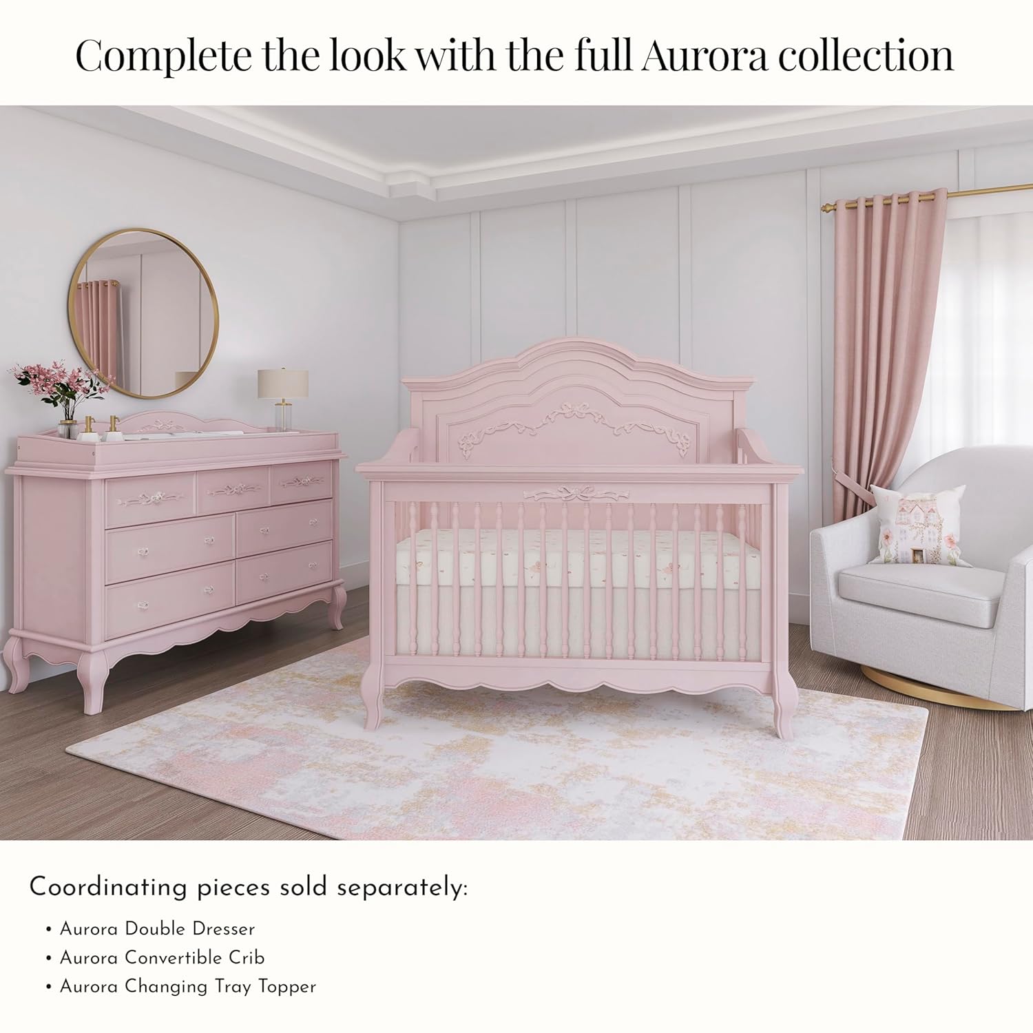 Evolur Aurora 5-in-1 Convertible Full-Size Baby Crib in Dusty Rose, 3 Mattress Heights, Ribbon Bow Scrollwork & Queen Anne Feet, Converts to Toddler, Day & Full-Size Bed