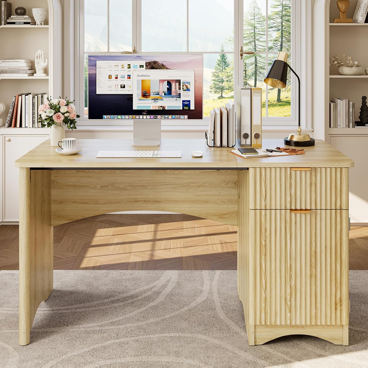 Bestier 47 inch Fluted Computer Desk with Drawer, Office Desk with File Cabinet, Modern Wood Desk with Storage Cabinet for Home Office Bedroom Study, Natual Oak