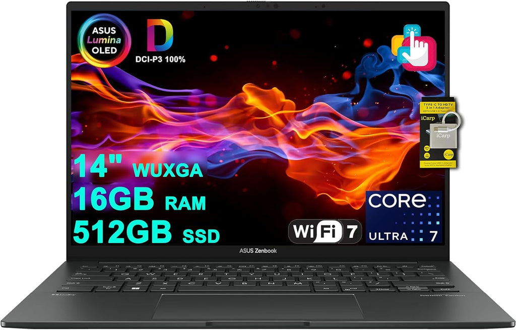 ASUS Zenbook 14 Creator Laptop 14" WUXGA Lumina OLED Touch (500nits HDR, 100% DCI-P3) Intel 16-core Ultra 7 255H (Up to 13 Tops) 16GB RAM 512GB SSD for Business Work Win11 ICP Hub