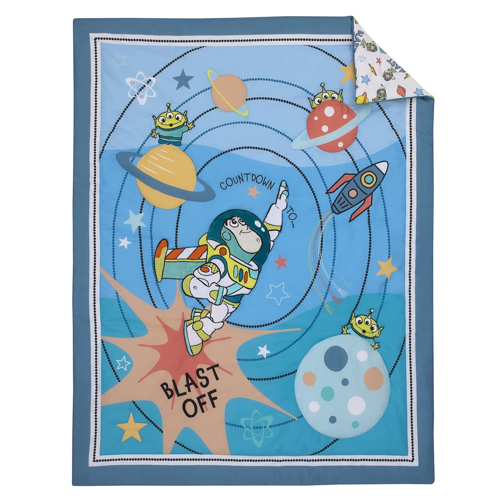 NoJo Disney Toy Story Buzz Lightyear Blue, Orange, and Yellow Countdown to Blast-Off 3 Piece Nursery Crib Bedding Set - Comforter, 100% Cotton Fitted Crib Sheet and Crib Skirt