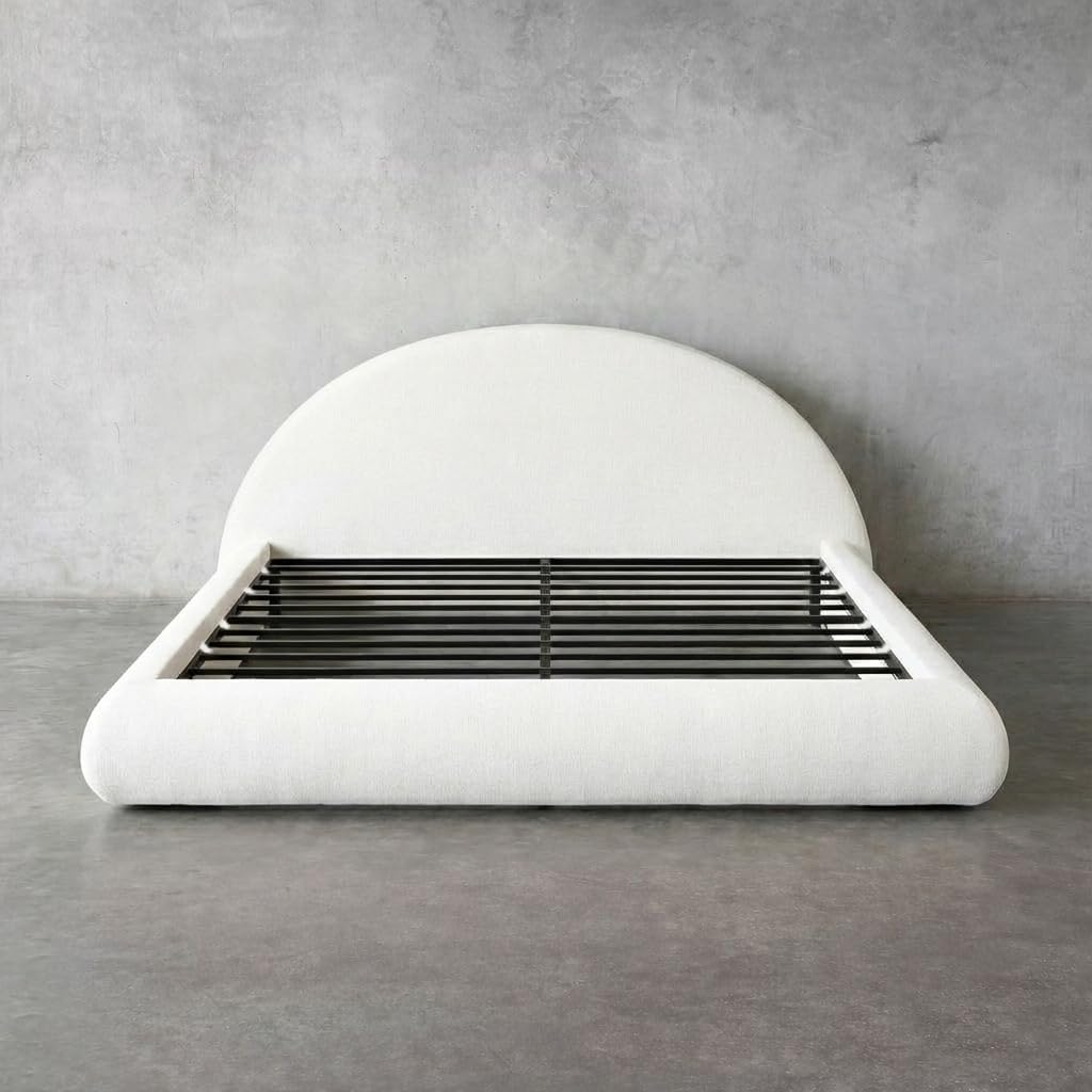 Round Bed – Washable Cover - Soft Upholstered Linen - Minimalist Modern - Half Circle Moon - Sold Separately (Gray Linen, King Headboard)