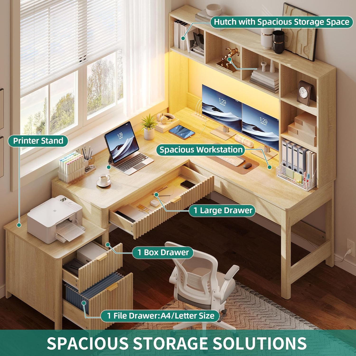 YITAHOME L Shaped Desk with Hutch and Drawers, 67" Computer Desk Gaming Desk with Power Outlets & LED Lights, Wood Home Office Desk with Printer Stand, Fluted Sturdy Writing Workstation, Natural Oak