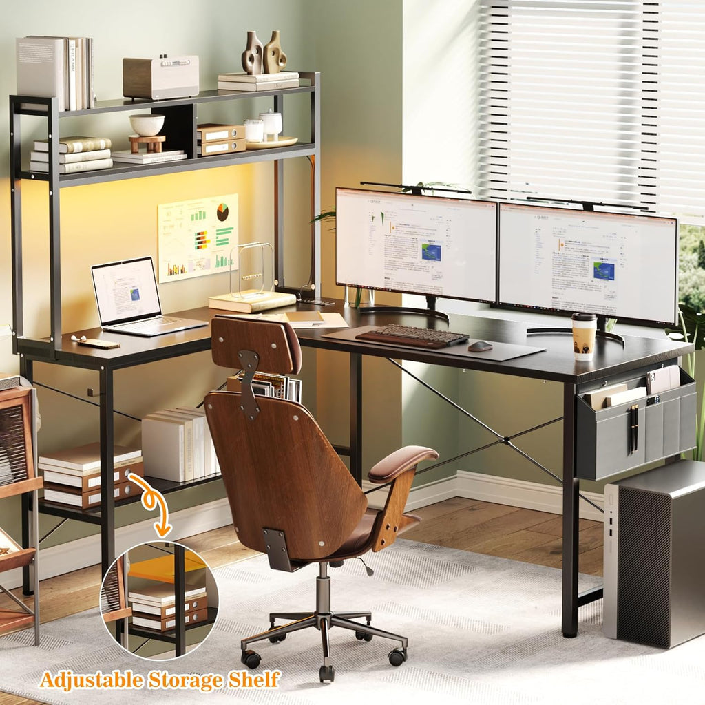 Aheaplus L Shaped Desk Gaming Desk, 59" L Shaped Computer Desk with LED Light & Power Outlet, Reversible Home Office Desk Gamer Desks with Shelves & Storage Bag & Hooks, Corner PC Desk, Black