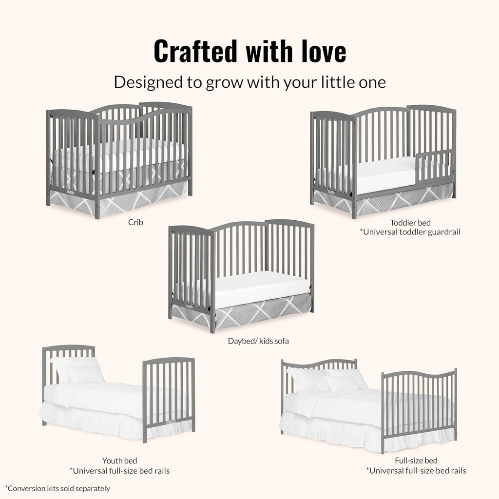 Dream On Me Chelsea 5-in-1 Convertible Full-Size Baby Crib in Steel Grey, GreenGuard Gold & BSA, Pinewood, 4 Mattress Heights, Converts to Toddler, Day & Full-Size Bed, Modern Classic Nursery