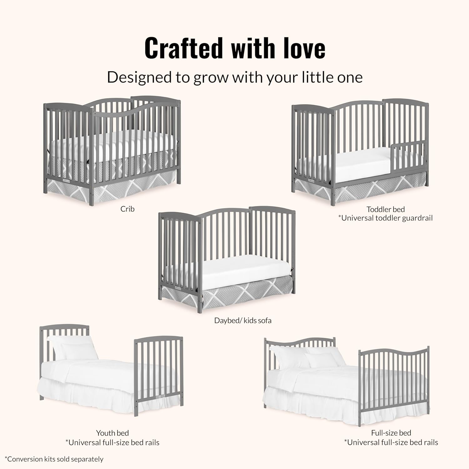 Dream On Me Chelsea 5-in-1 Convertible Full-Size Baby Crib in Steel Grey, GreenGuard Gold & BSA, Pinewood, 4 Mattress Heights, Converts to Toddler, Day & Full-Size Bed, Modern Classic Nursery