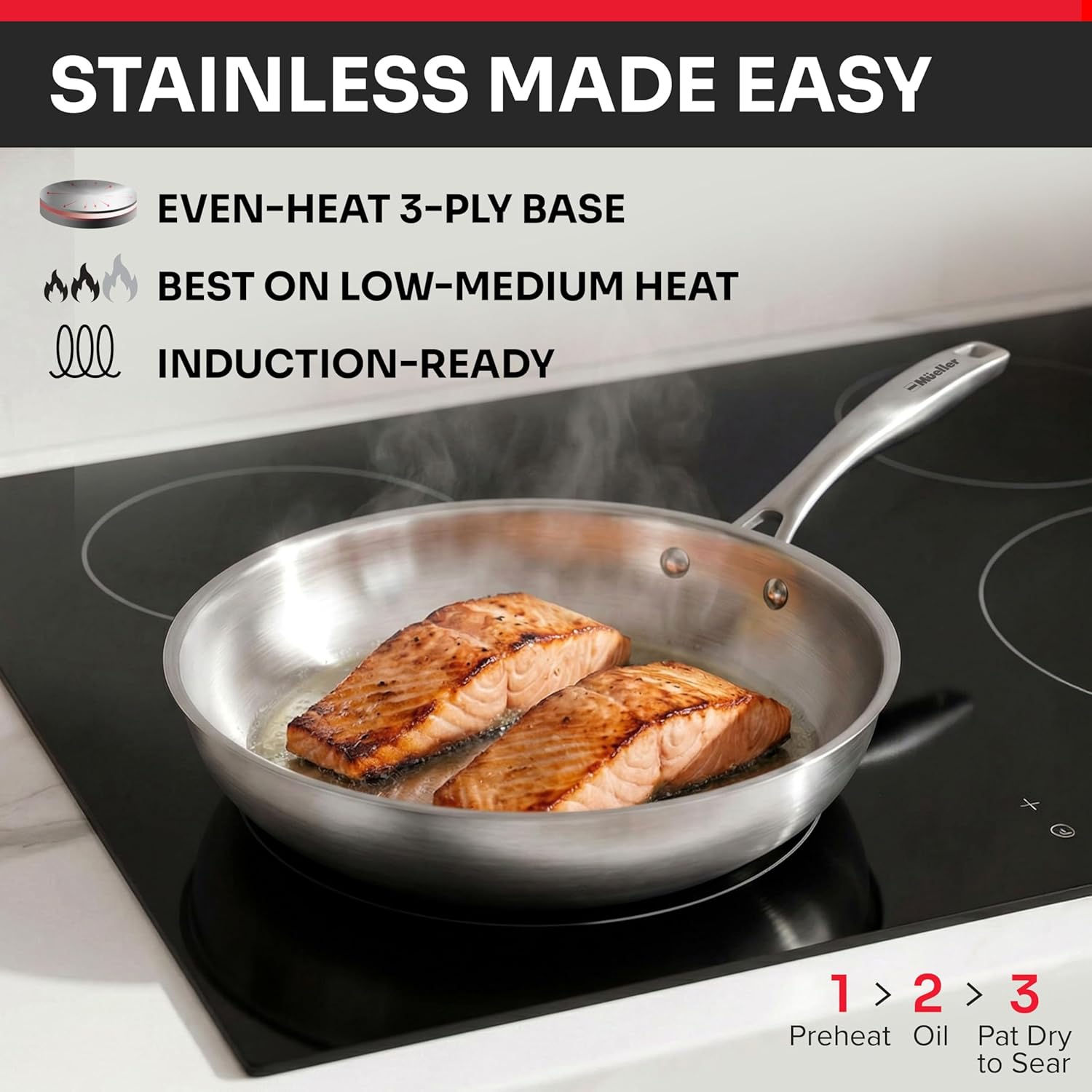 Mueller 17-Piece Stainless Steel Pots and Pans Set – Tri-Ply Ultra-Clad Pro Cookware Set, Induction Ready, Oven Safe, Even-Heat Aluminum Core, Includes Skillets, Saucepans, Dutch Oven, Stockpot