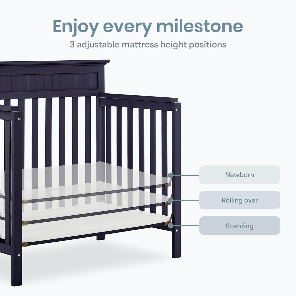 Dream On Me Harbor 4‑in‑1 Convertible Mini Baby Crib in Navy, GreenGuard Gold & BSA, Non-Toxic, Pinewood, Converts to Mini Daybed & Twin Bed, 1″ Mattress Pad, Perfect for Small Nurseries