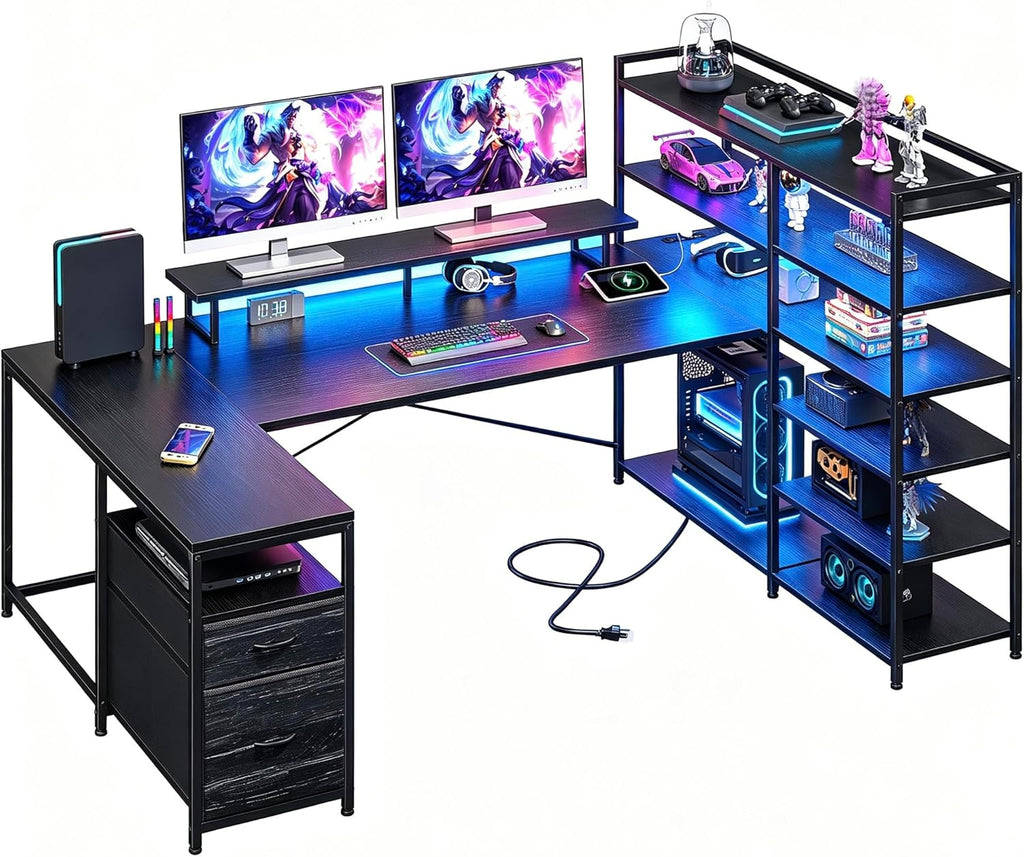 DurayLoly 63" L Shaped Gaming Desk with Monitor Stand & CPU Stand, Reversible Corner Desk with 6-Tier Shelves& 2 Fabric Drawers, Ergonomic Computer Desk with Power Outlet & LED Lights,Black
