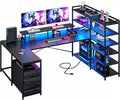 DurayLoly 63" L Shaped Gaming Desk with Monitor Stand & CPU Stand, Reversible Corner Desk with 6-Tier Shelves& 2 Fabric Drawers, Ergonomic Computer Desk with Power Outlet & LED Lights,Black