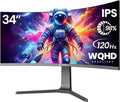 CRUA 34" Curved Gaming Monitor, IPS WQHD(3440x1440P) 120Hz 1900R 21:9 UltraWide PC Display, 130% sRGB, AMD FreeSync, Blue Light Filter, HDMI/DP Ports, Wall Mountable Installs– Black
