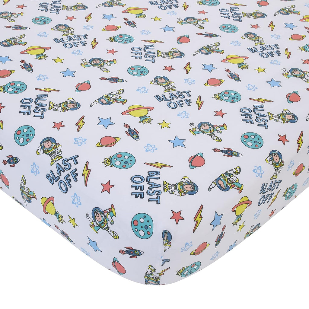 NoJo Disney Toy Story Buzz Lightyear Blue, Orange, and Yellow Countdown to Blast-Off 3 Piece Nursery Crib Bedding Set - Comforter, 100% Cotton Fitted Crib Sheet and Crib Skirt