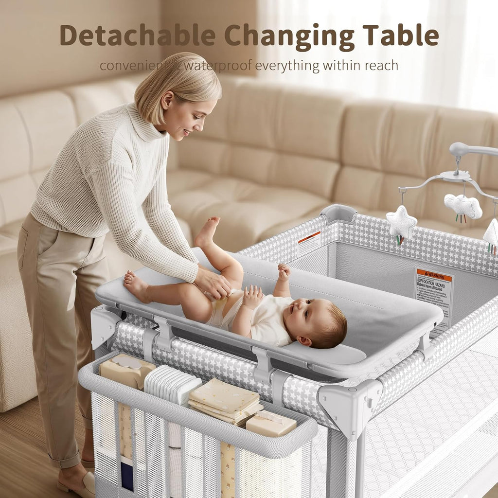 GAIVE 4 in 1 Baby Bassinet, One-Push Setup Pack and Play, Bedside Crib Sleeper with 3 Height Adjustable .Diaper Changer, Come with Comfy Mattress, Rotating Toy Bar, from Infants to Toddlers (Grey)