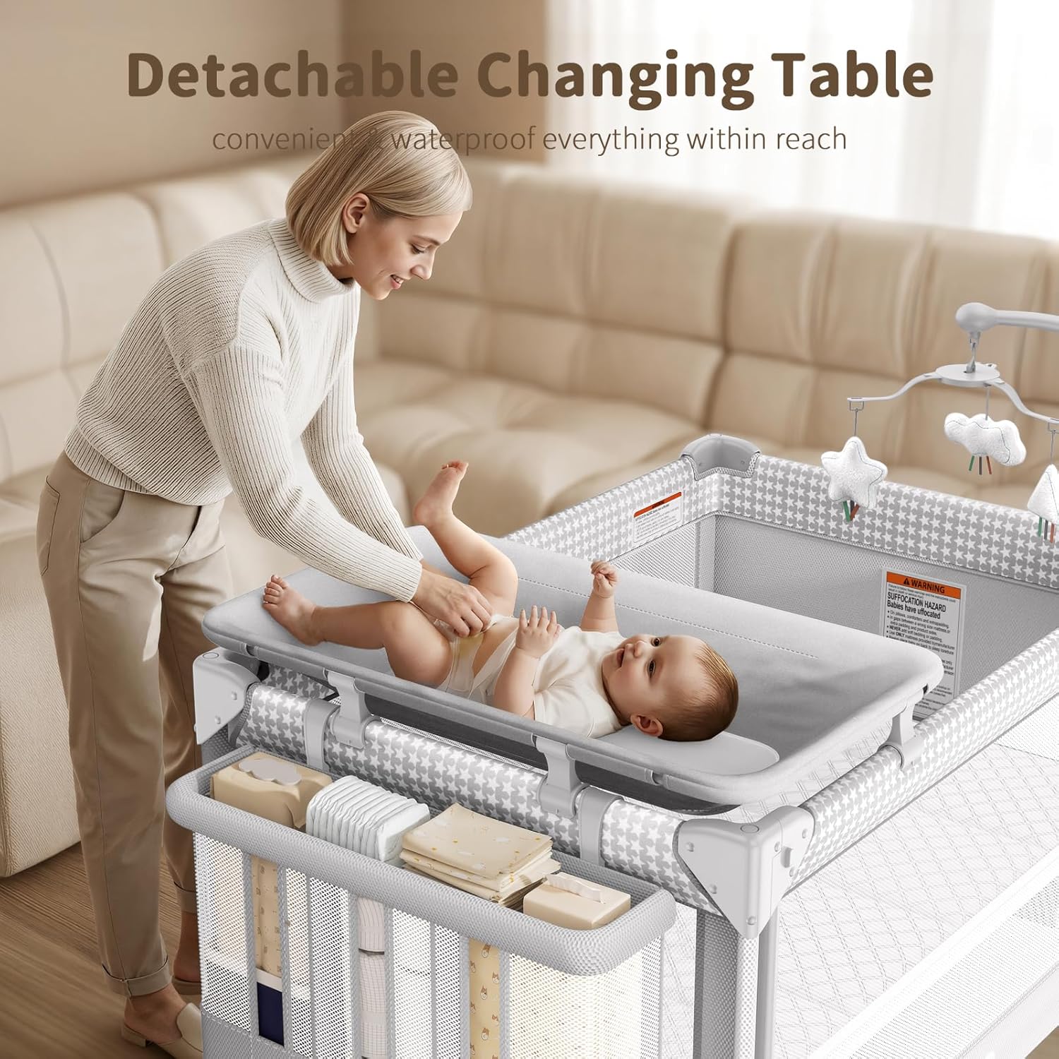 GAIVE 4 in 1 Baby Bassinet, One-Push Setup Pack and Play, Bedside Crib Sleeper with 3 Height Adjustable .Diaper Changer, Come with Comfy Mattress, Rotating Toy Bar, from Infants to Toddlers (Grey)