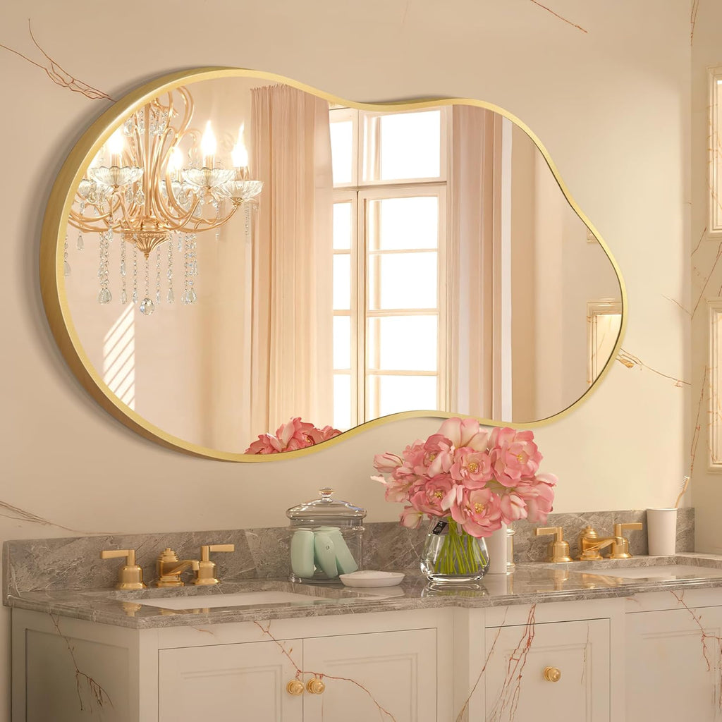 Dorlicecass Irregular Wall Mirror - Wall Mirrors Decorative 24"x36" Gold Asymmetrical Mirror Tempered Glass Aviation Aluminum Alloy Frame for Bathroom, Bedroom, Living Room, Cloakroom, Entryway