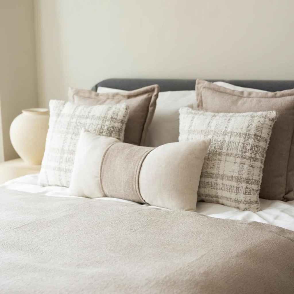 Set of 5 Throw Pillow Cover & 1 Piece Bed Runner Scarf 102"x47", Cushion Covers for Foot of Bedding Set Sofa & Bed, Cozy Decorative for Hotel/Bedroom, Beige