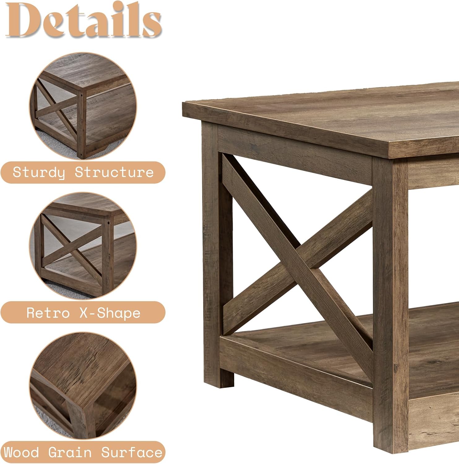 AMERLIFE 3-Piece Farmhouse Table Set Includes Coffee Table& Two End Tables, Side Table with Charging Station and USB Ports, for Living Room, Barnwood