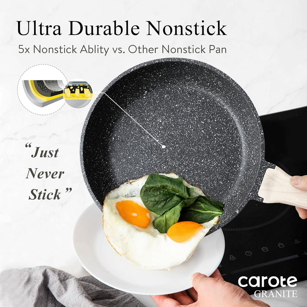 CAROTE 21pcs Pots and Pans Set Nonstick, Cookware Set Black Granite Induction Kitchen Cooking Set w/Frying Pans & Saucepans(PFOS, PFOA Free)