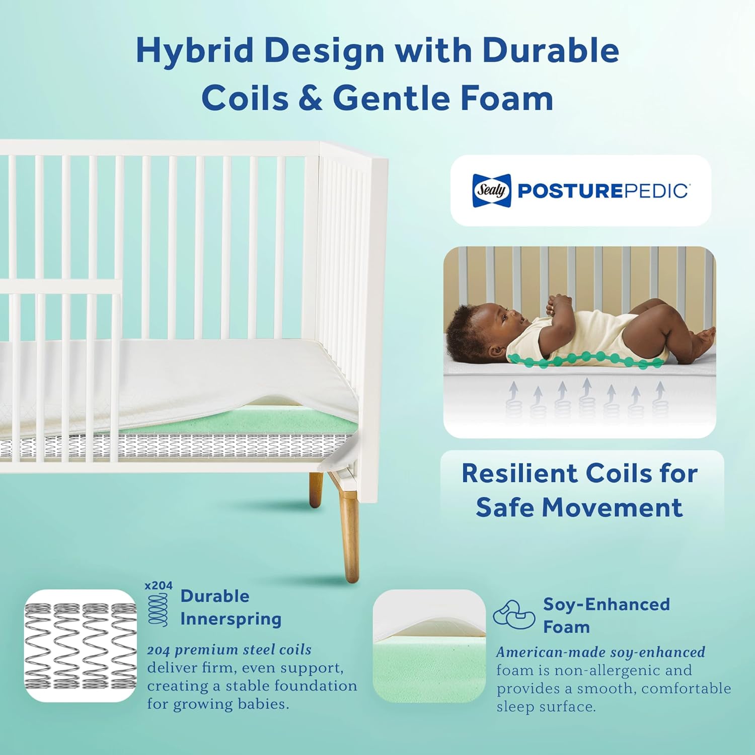 Sealy Baby Posturepedic Grace Hybrid - Firm 2 Stage Breathable Crib Mattress with Waterproof Barrier - GREENGUARD Gold Certified, Soy-enhanced Foam for Infants and Toddlers, Made in the USA (52x28")