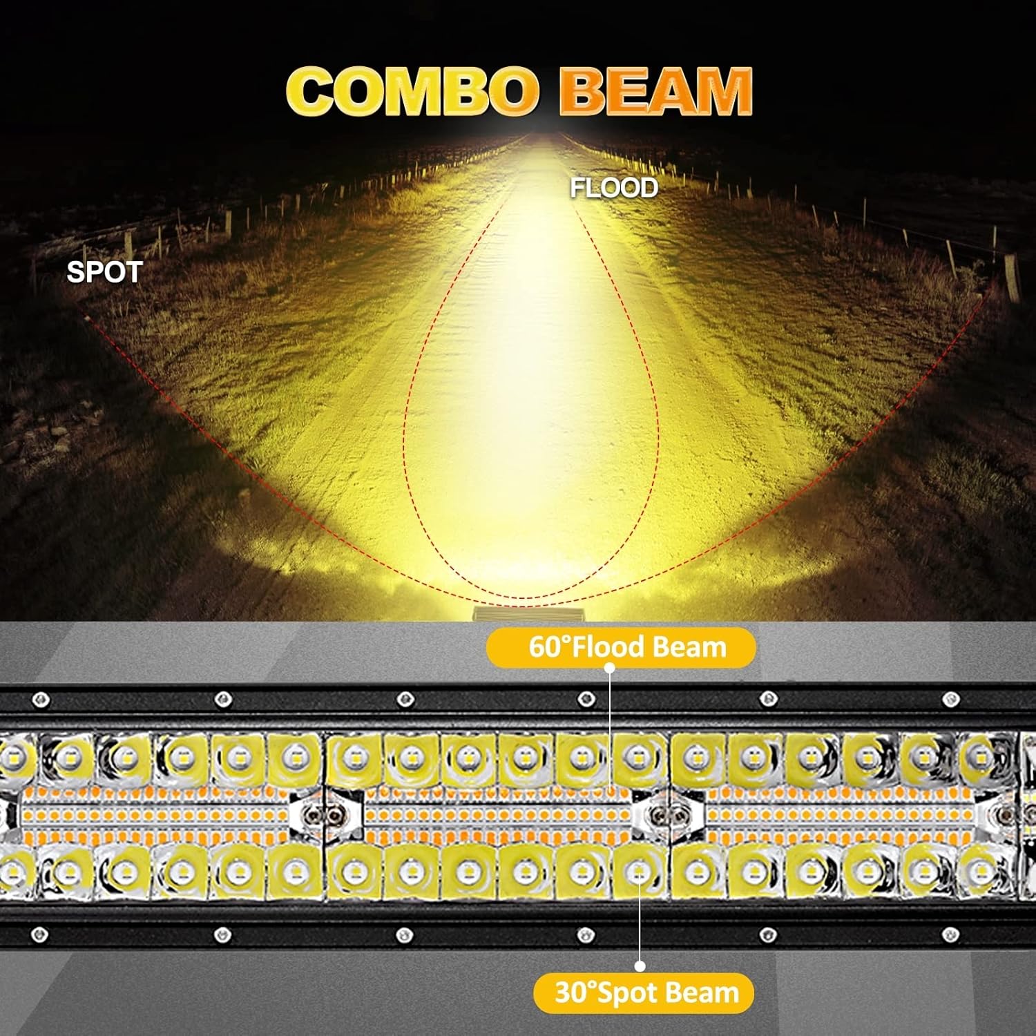 Auxbeam 50 Inch LED Light Bar, 288W Curved Amber White Strobe Lights, 6 Modes Spot Flood Combo Beam Fog Memory Reset Function Driving Light with Wiring Harness Kit for Car Jeep Off Road SUV UTV ATV