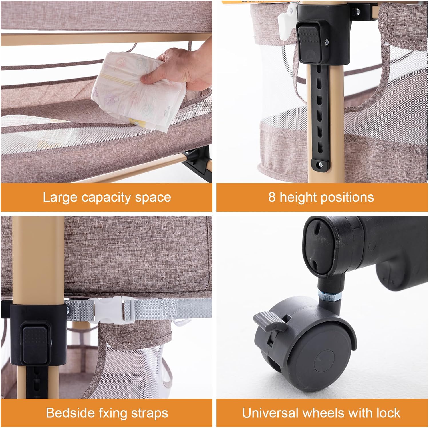 Soobaby 3 in 1 Baby Crib, Bassinet Bedside Crib Adjustable Portable Bed for Infant,Baby Newborn Must Have Bed,Khaki