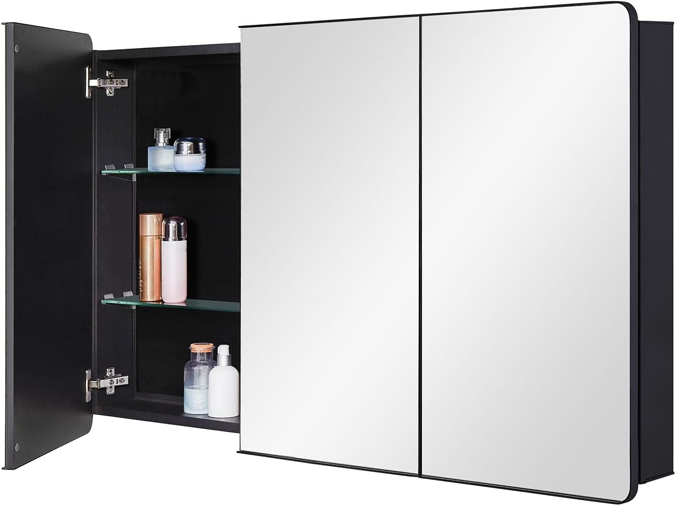 IDYLLOR Bathroom Mirror Medicine Cabinet with Round Corner Framed Door 48 x 30 inch, Black .Recessed or Surface Mount, with Adjustable Glass Shelves