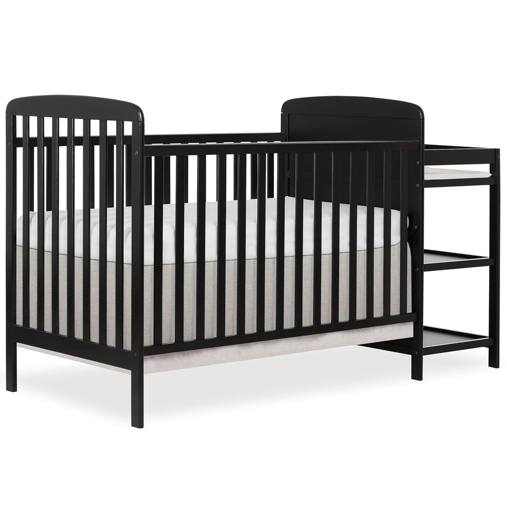 Dream On Me Anna 3-in-1 Convertible Full-Size Baby Crib & Changer with Storage in Black, GreenGuard Gold & BSA, Pinewood, Converts to Day & Toddler Bed, 3 Mattress Heights, 1″ Changing Pad