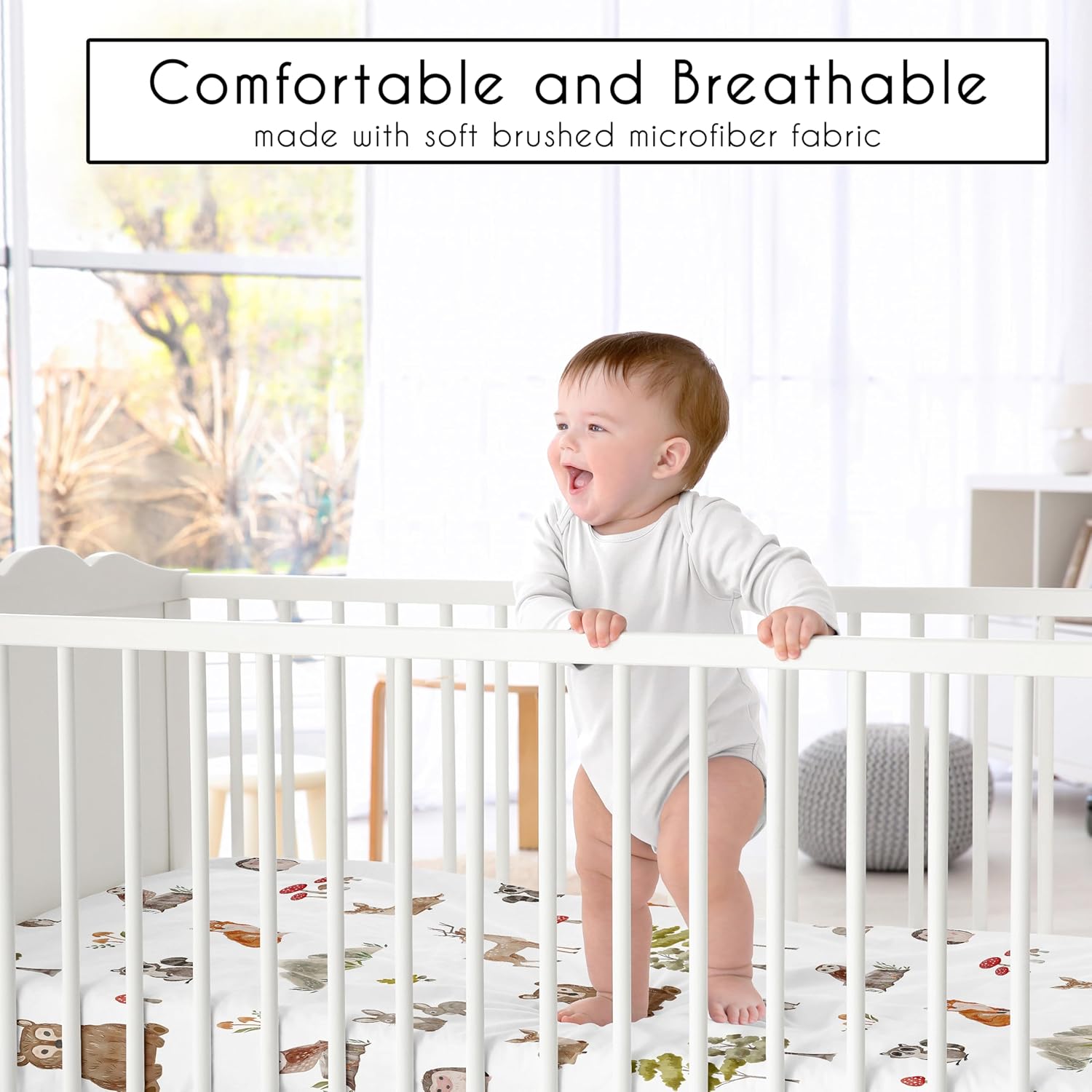 Sweet Jojo Designs 4-Piece Baby Crib Bedding Set (Woodland Animals) for Boys or Girls, Infants/Nursery incl. Blanket, Fitted Sheet, Skirt, Diaper Stacker (Neutral Theme, Forest Animal, Bear, Hedgehog)