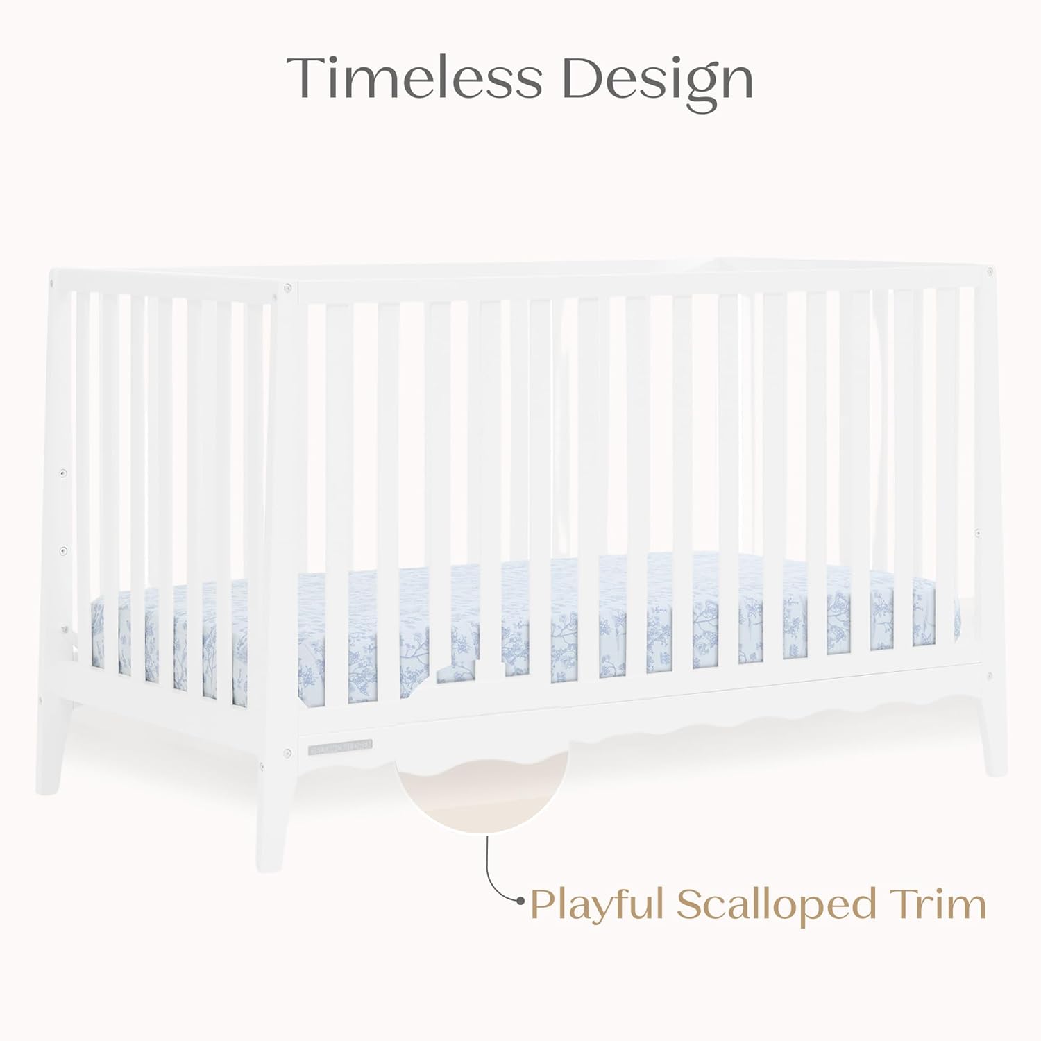 Delta Children Lulu 5-in-1 Convertible Crib, Converts to Toddler Bed, Daybed, Sofa & Full-Size Bed, Natural Wood, Fits Standard Crib Mattress, 3 Mattress Heights for Baby Nursery, Bianca White