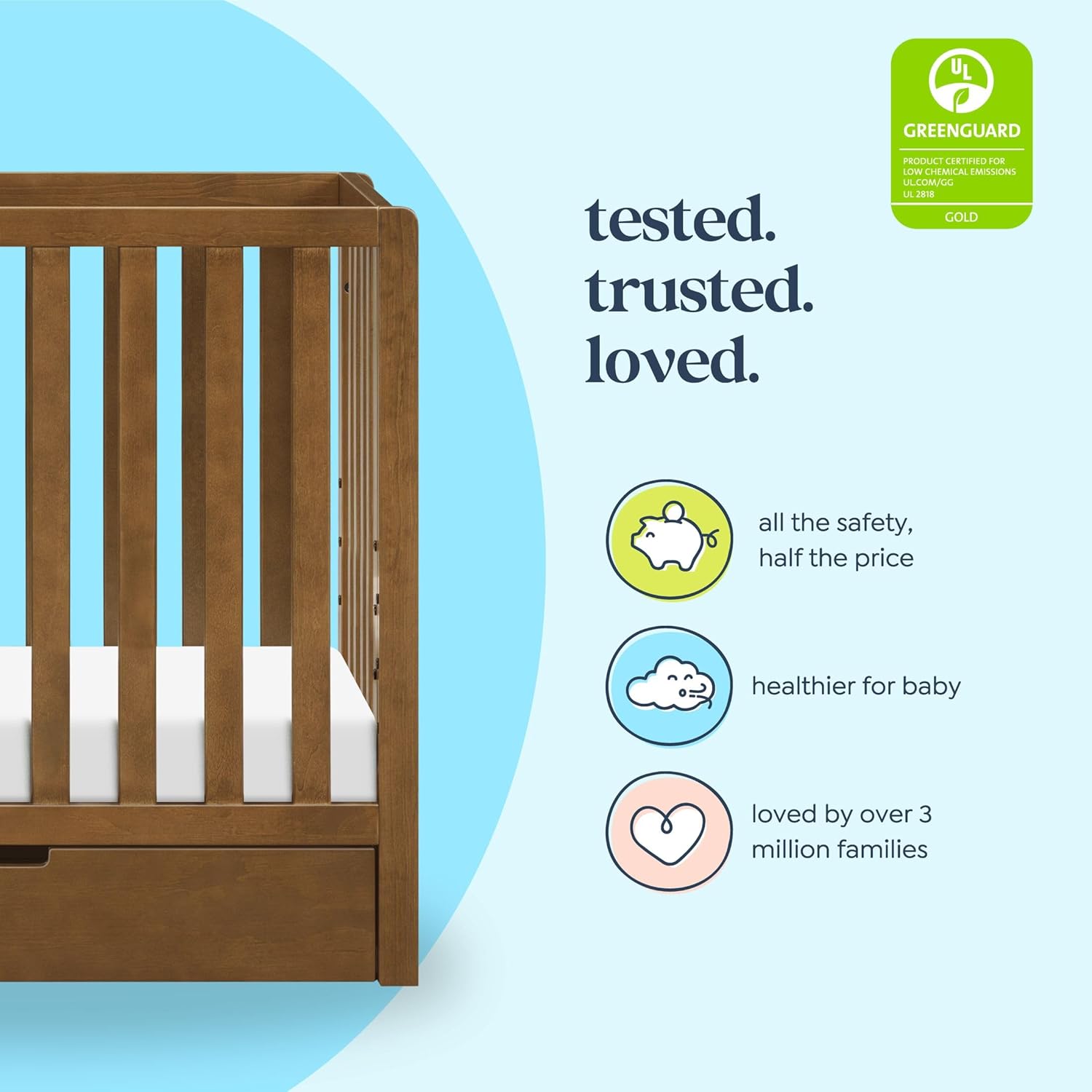 Carter's by Davinci Colby 4-in-1 Convertible Mini Crib with Trundle Drawer in Walnut, Greenguard Gold Certified, Undercrib Storage