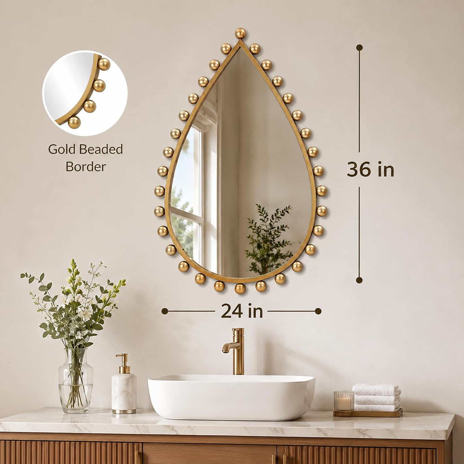 Antique Gold Teardrop Mirror Unique with Ball Frame – 24"x36" Beaded Large Decorative Ornate Wall Mirror for Bathroom, Bedroom, Living Room, Hallway