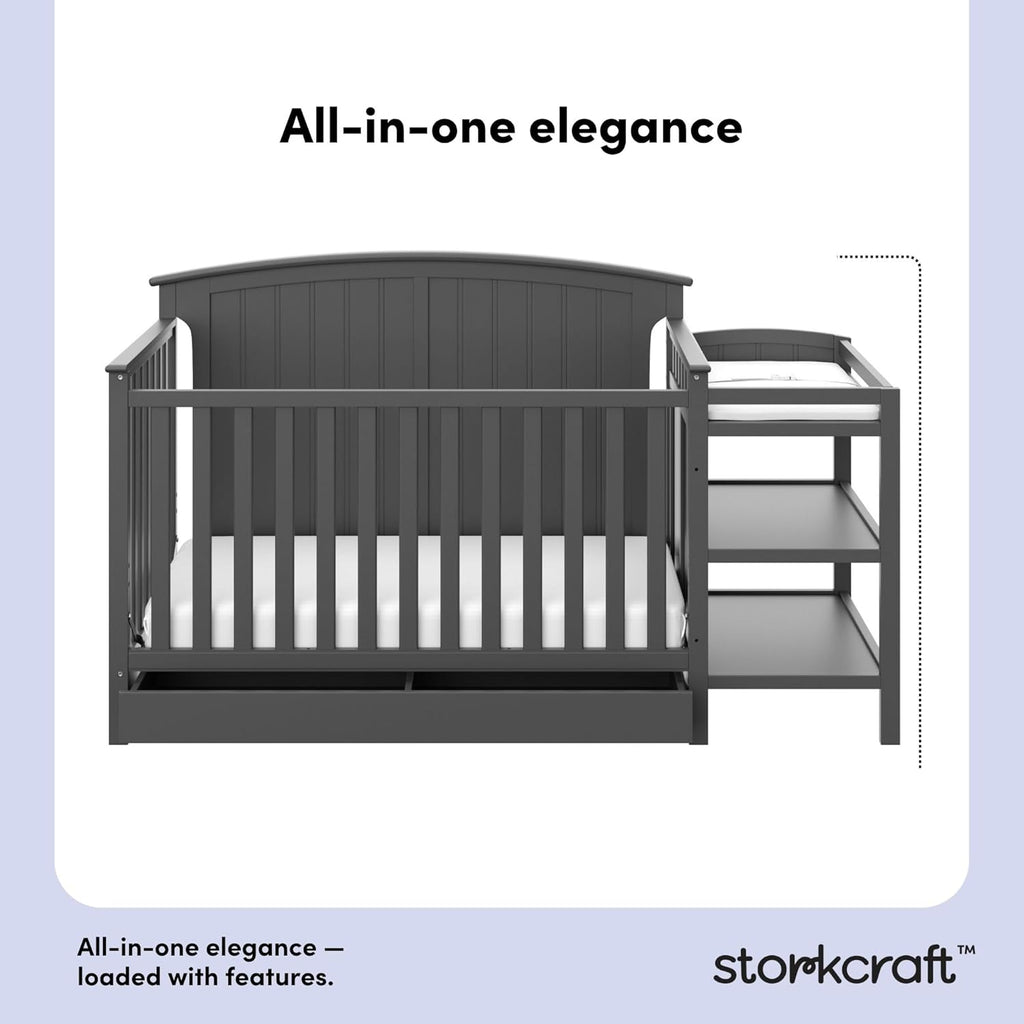 Storkcraft Steveston 5-in-1 Convertible Crib & Changer – GREENGUARD Gold Certified, Fits Standard Crib Mattress, Converts to Toddler Bed and Full Bed, 4 Adjustable Mattress Heights (Gray)