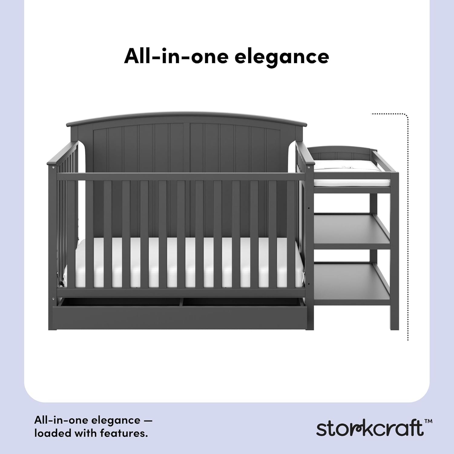Storkcraft Steveston 5-in-1 Convertible Crib & Changer – GREENGUARD Gold Certified, Fits Standard Crib Mattress, Converts to Toddler Bed and Full Bed, 4 Adjustable Mattress Heights (Gray)