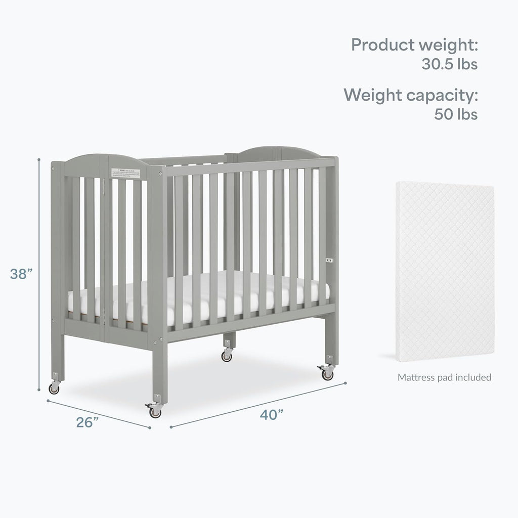 Dream On Me 2-in-1 Portable Mini Crib, Non-Full Size Baby Crib for Small Spaces, 2 Mattress Heights, Compact Travel Design, Includes Mattress, GREENGUARD Gold & BSA Certified, Cool Grey