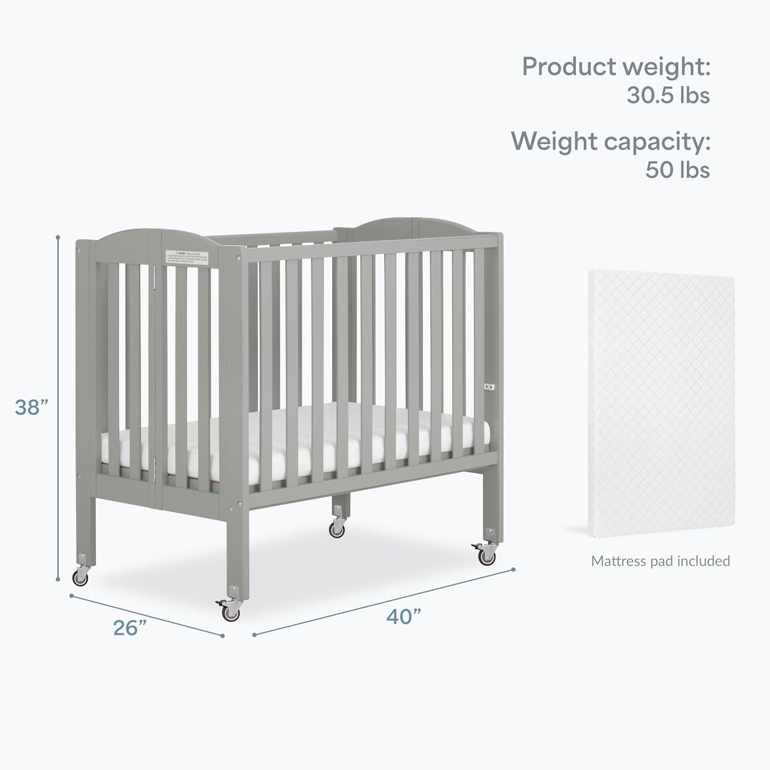 Dream On Me 2-in-1 Portable Mini Crib, Non-Full Size Baby Crib for Small Spaces, 2 Mattress Heights, Compact Travel Design, Includes Mattress, GREENGUARD Gold & BSA Certified, Cool Grey