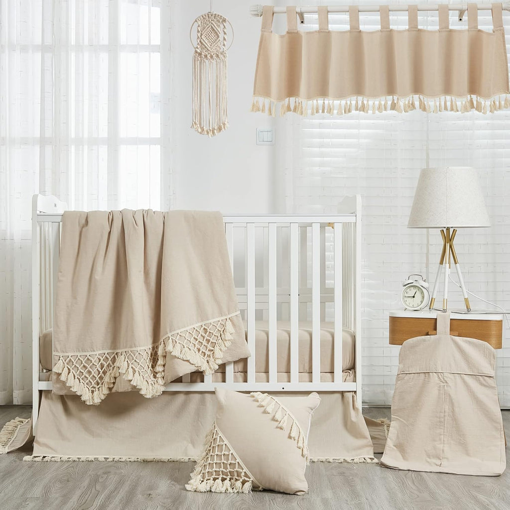 Brandream Gender Neutral Boho Bohemian Baby Girl Boy Nursery Crib Bedding Set 3 Pieces Solid Beige Farmhouse Chic Unisex Minimalist Tassel Fringe Macrame Cozy 100% Cotton with Washed Craft Super Soft