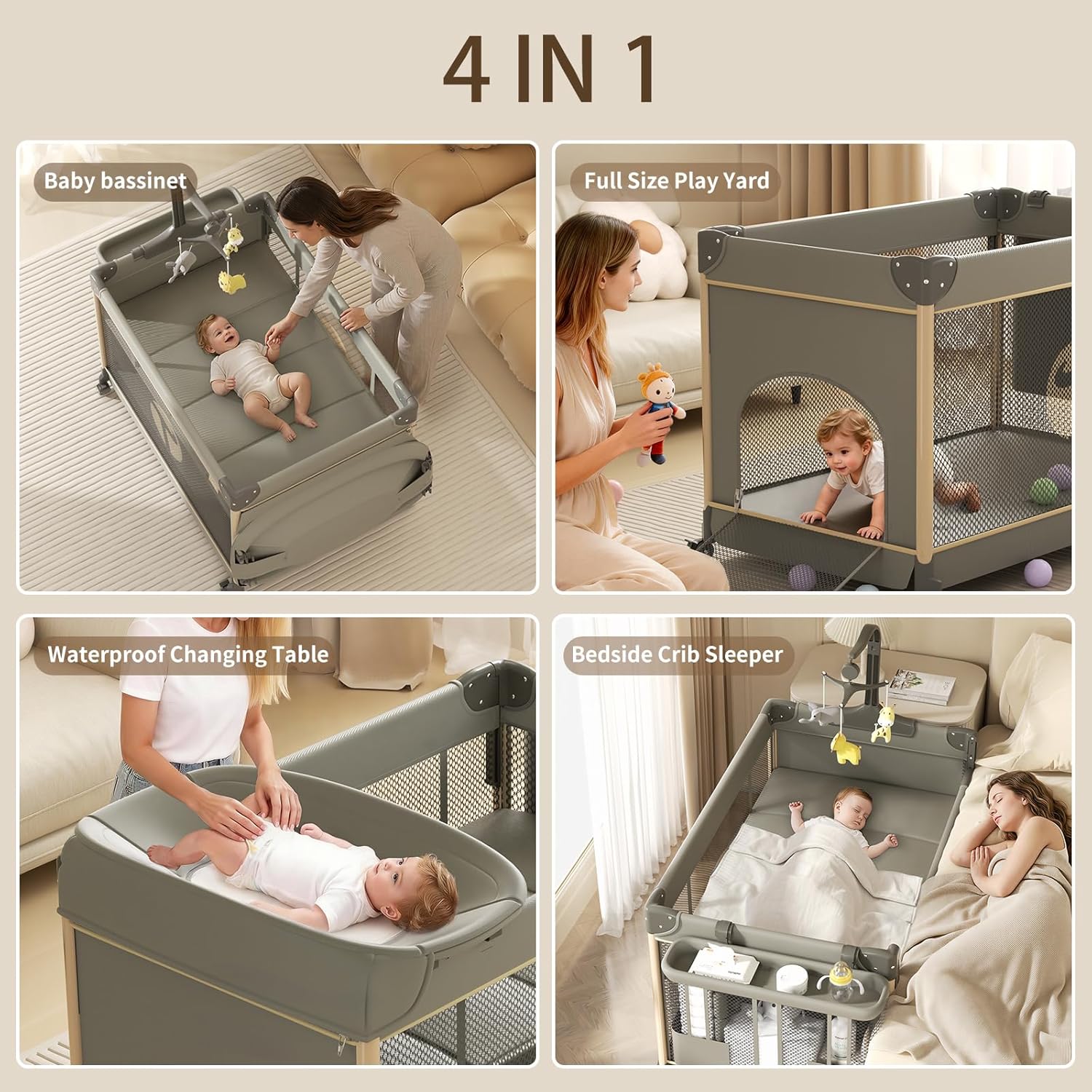 4-in-1 Pack and Play, Baby Bassinet Bedside Sleeper, Baby Playard, Bedside Crib with Changing Table, Folding Travel Crib with Musical Toy Rack&Bag, 4-Height Adjust, Newborn-Toddler(Olive Drab)