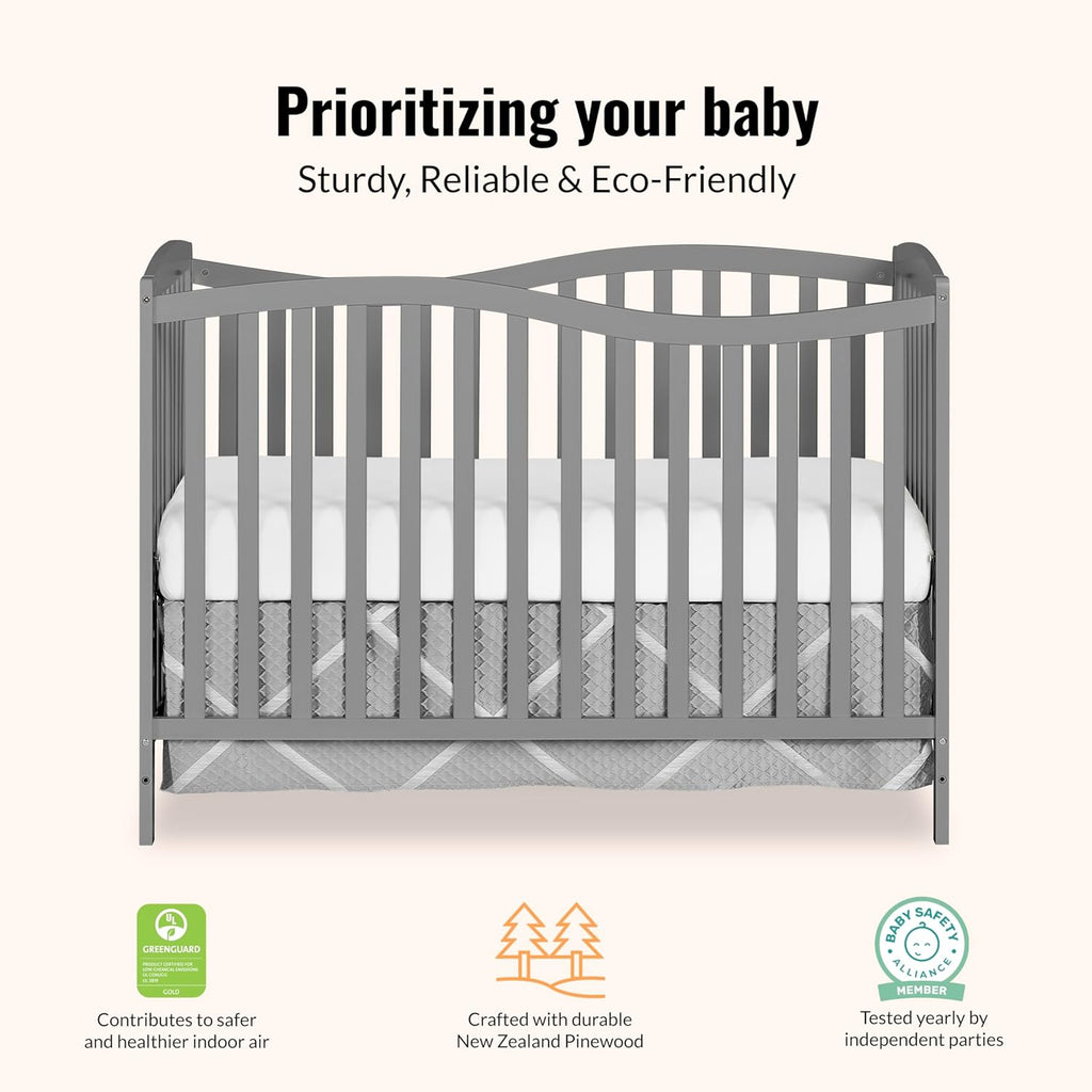Dream On Me Chelsea 5-in-1 Convertible Full-Size Baby Crib in Steel Grey, GreenGuard Gold & BSA, Pinewood, 4 Mattress Heights, Converts to Toddler, Day & Full-Size Bed, Modern Classic Nursery