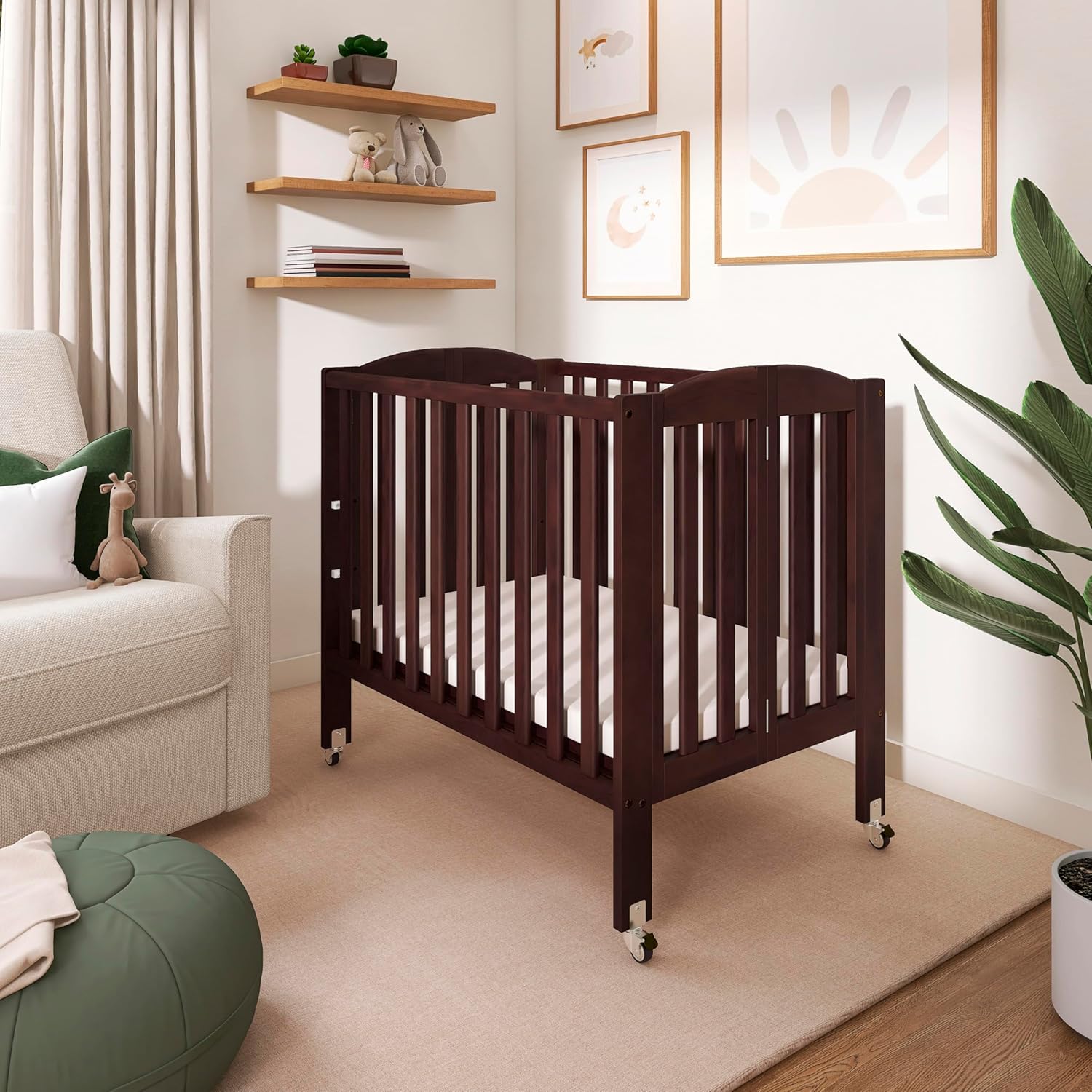 Dream On Me 3-in-1 Portable Folding Stationary Side Mini Baby Crib in Espresso & Mattress, GreenGuard Gold & JPMA, Use as Changer & Playpen, Locking Wheels, 3 Mattress Heights, Extra Firm Mattress