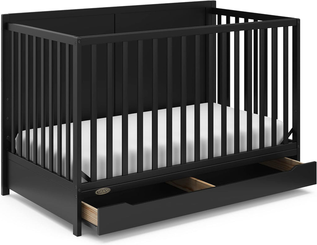 Graco Melrose 5-in-1 Convertible Crib with Drawer – GREENGUARD Gold Certified, Fits Standard Crib Mattress, Converts to Toddler Bed, Daybed and Full Bed, 4 Adjustable Mattress Heights (Black)