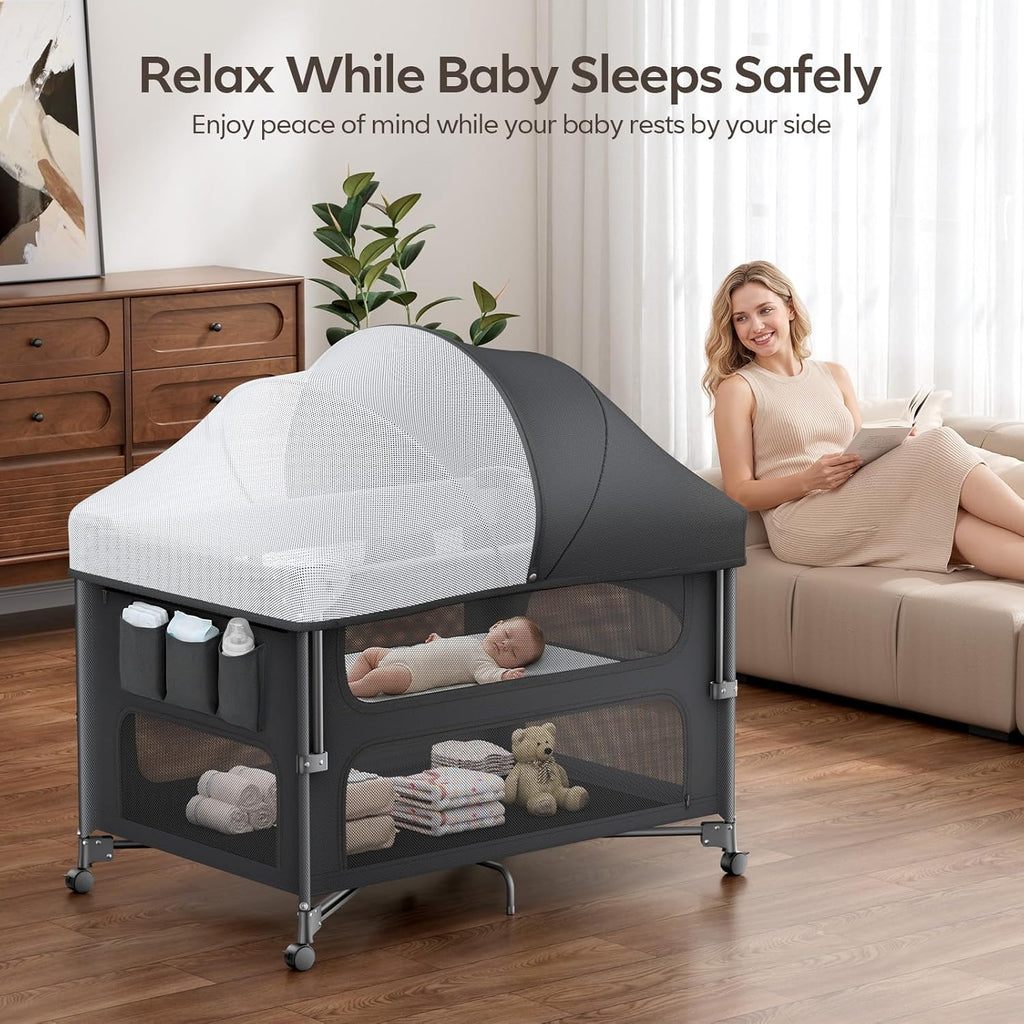 ANGELBLISS Baby Bassinet Bedside Crib, 5-in-1 One-Push Instant Fold Pack and Play with Changing Table, Napper Bassinet, Mattress & Mosquito Net, Portable Playard for Newborns to Toddlers