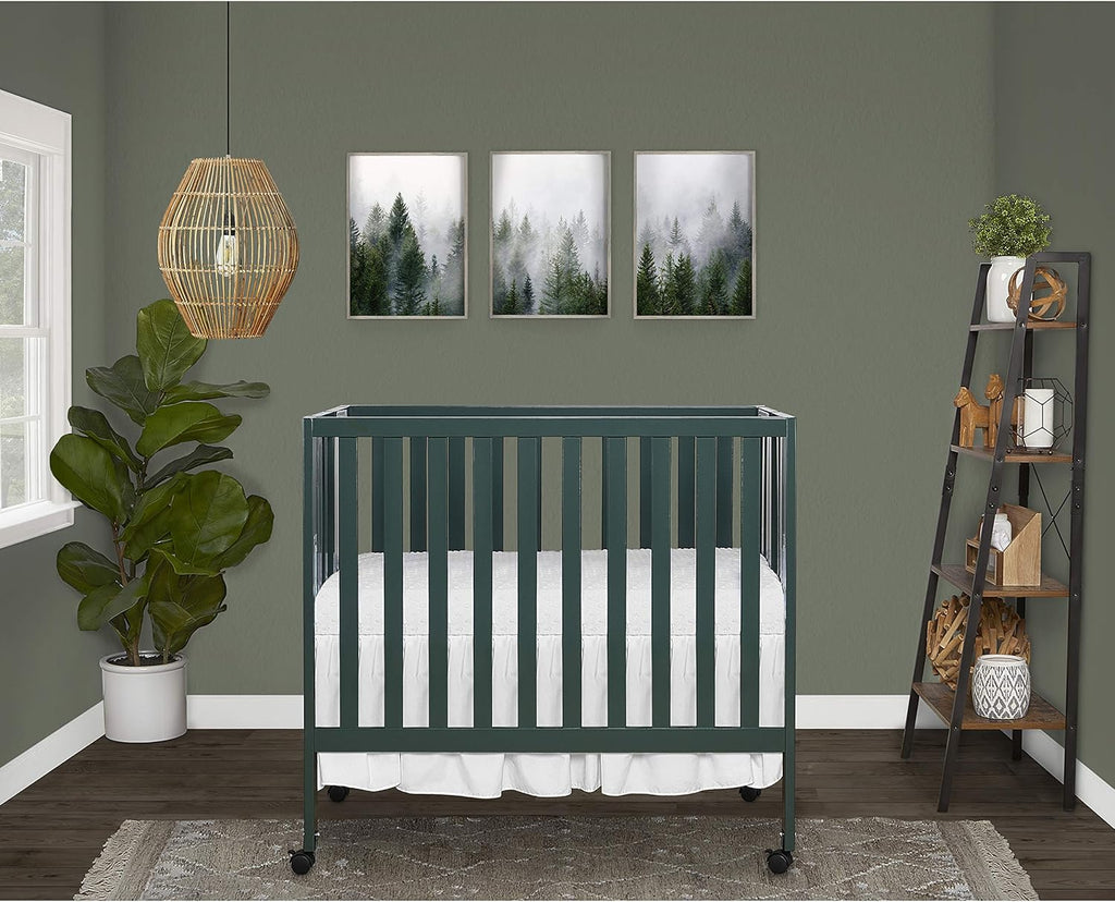 Dream On Me Jett Mini Folding Baby Crib in Olive, GreenGuard Gold & BSA, Lightweight & Portable, Patented Flat Folding System for Small Spaces & Travel, 1.5” Mattress Pad, 3 Heights, Safe Wheels