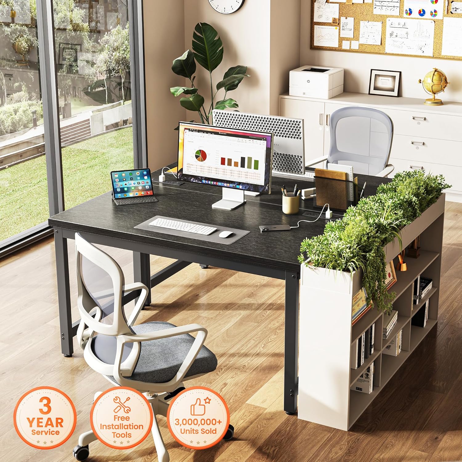 Huuger 48 x 24 inch Desk with Power Outlets & USB-C, Deeper & Thicker Desktop, Robust Metal Tubes, Computer Desk, Heavy Duty Office Desk, Work Gaming Desk for Home Office, Black