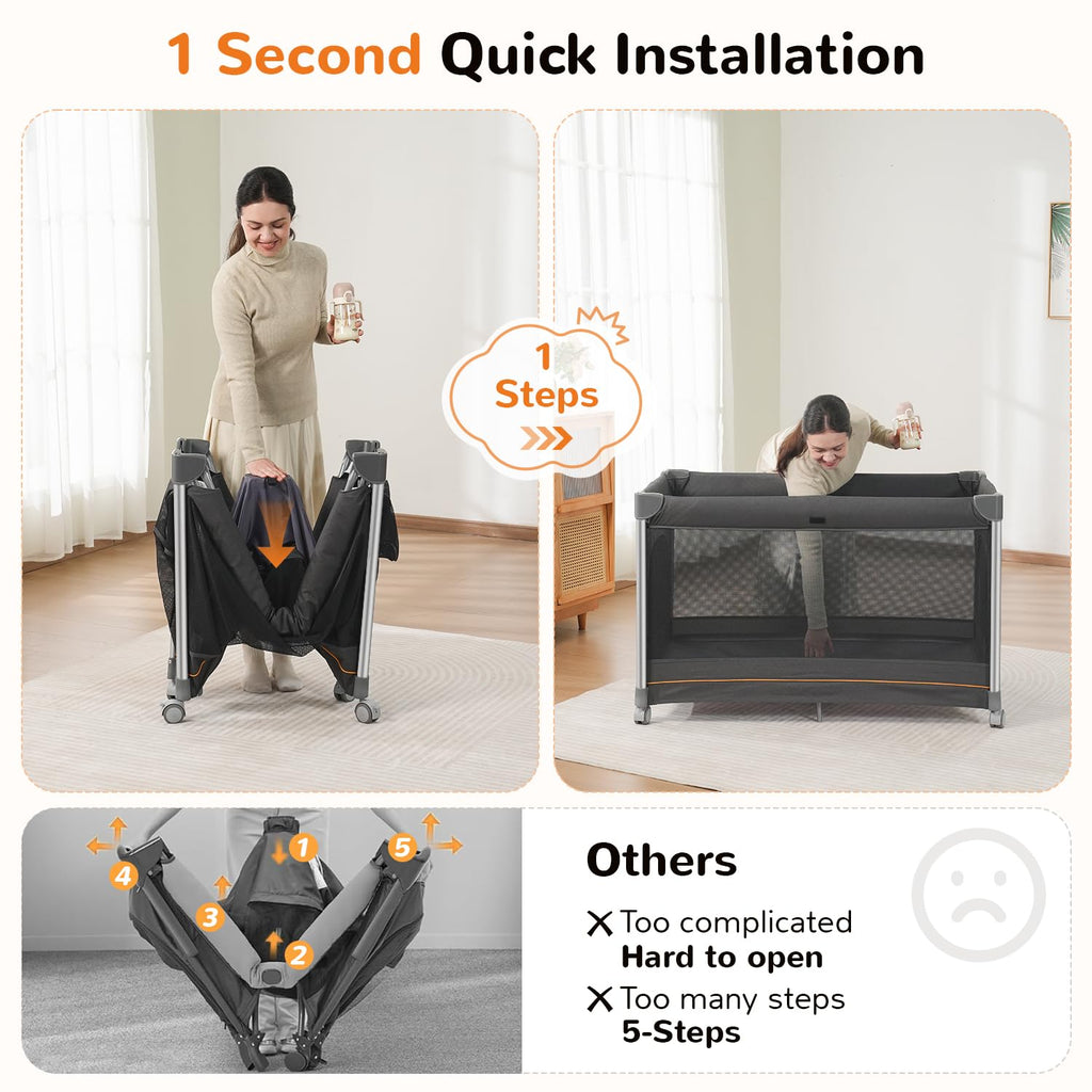 Pamo Babe 6-in-1 Pack and Play with Bassinet, Deluxe One-Step Setup Baby Bassinet with Changing Table, Sleeper Nest, Storage Bag, 4 Wheels Portable Crib Travel Playpen for Baby and Toddler (Gery)